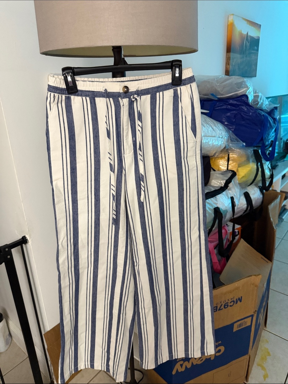 Ag Adriano Goldschmied White and Blue Vertical Stripe Drawstring Chinos